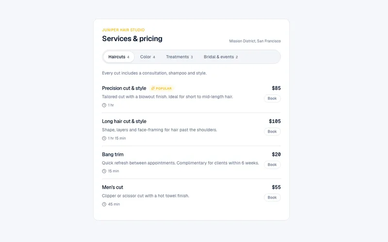 Service menu preview